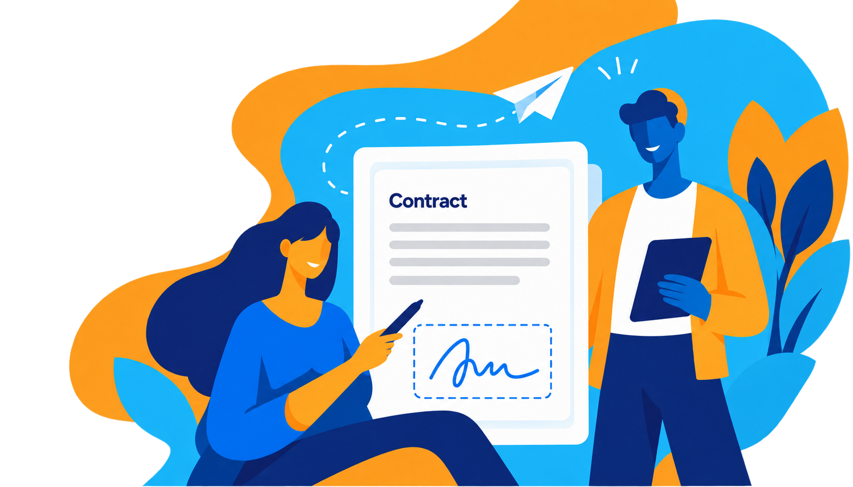 Een vrouw ondertekent digitaal een contract. Naast haar bekijkt een man het document op zijn tablet.